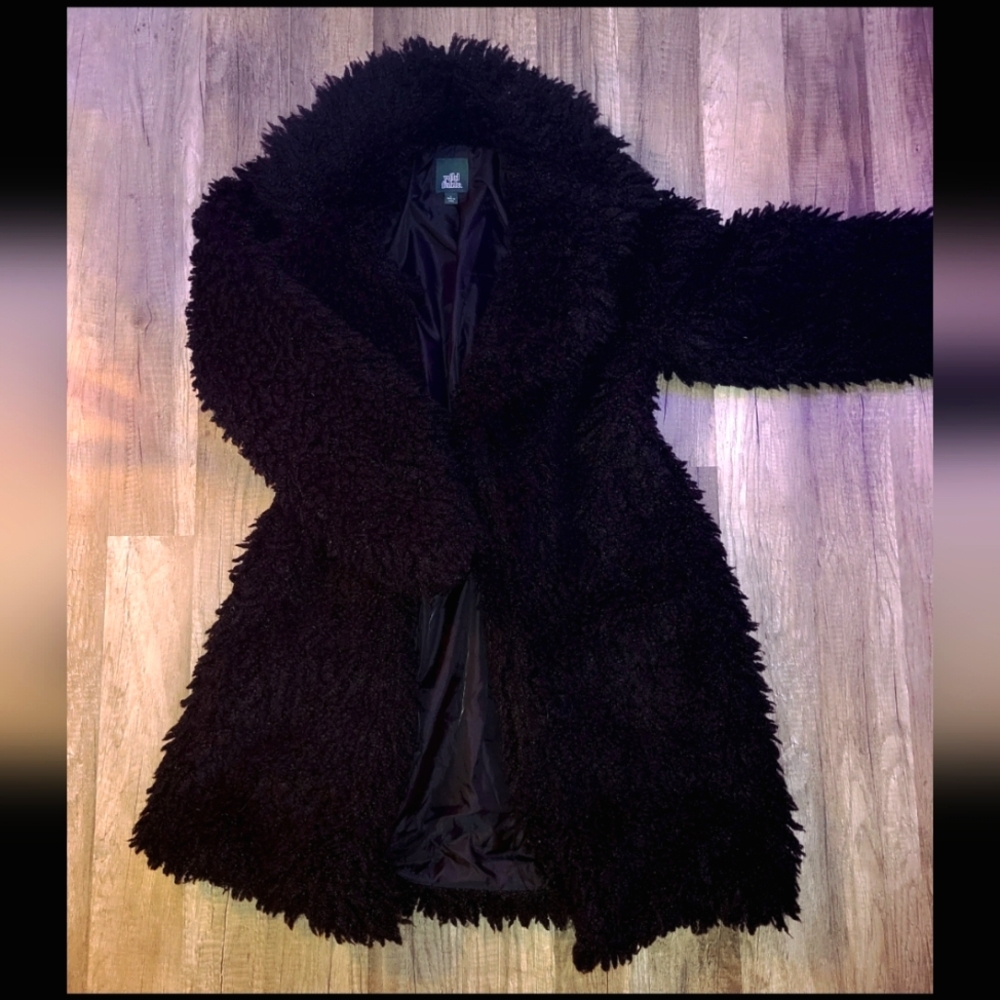 Long black fluffy fuax fur goth alt classic winter coat
